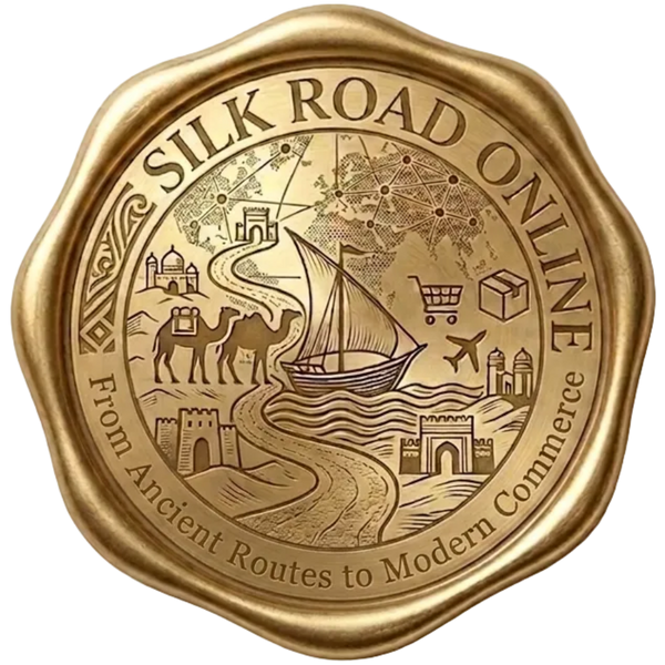 Gold emblem with 'Silk Road Online' text and illustrations on a white background